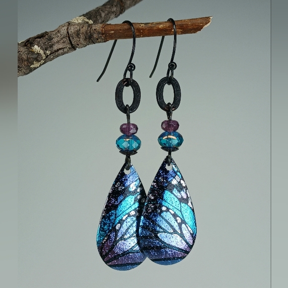 Hand Crafted Jewelry - HAND CRAFTED Butterfly Wing Earrings Black Blue Purple Artisan Glass Fairycore